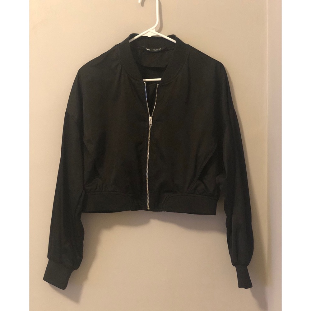 Zara Black Cropped Bomber Jacket